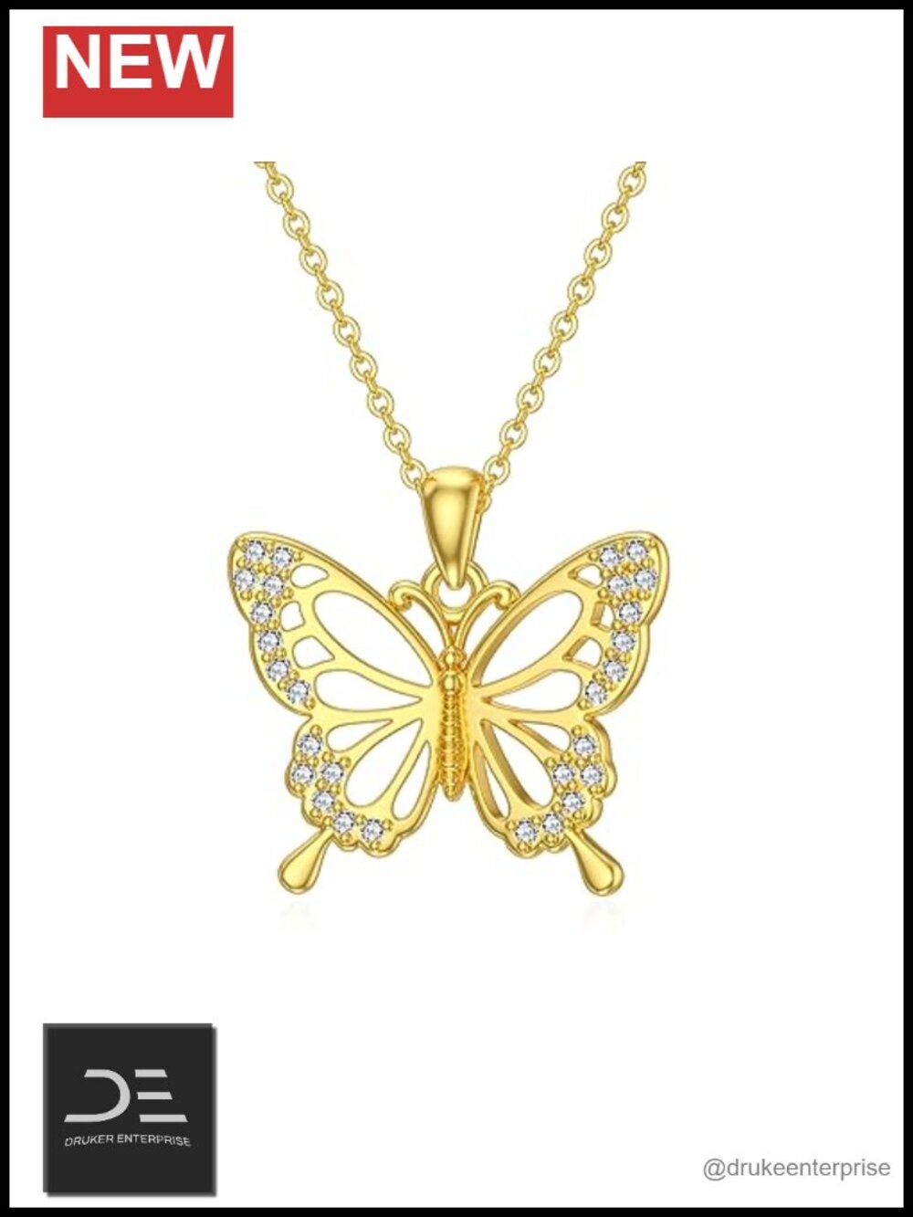 Moissanite Butterfly Necklace 925 Sterling Silver 18K Gold Plated Pendant